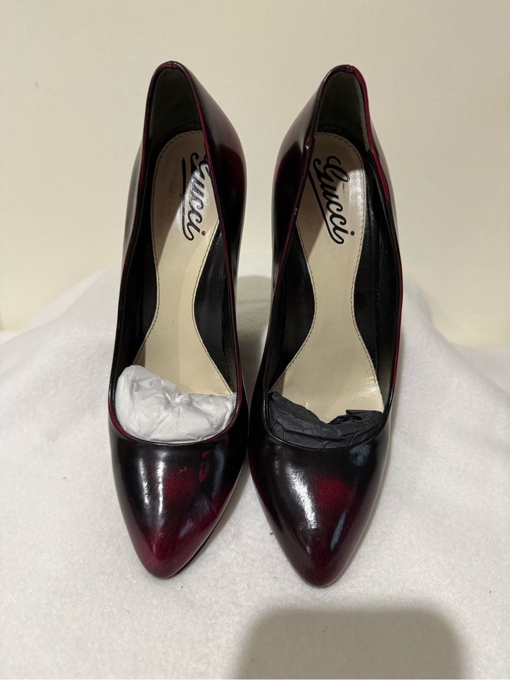 Gucci Women's Burgundy/Black Patent Leather Stiletto Pumps